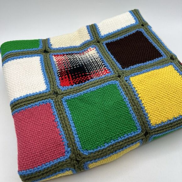 Vtg Crocheted Scrap Square Afghan Throw 40x50 Handmade Mod 60s 70s Masculine - Picture 2 of 7